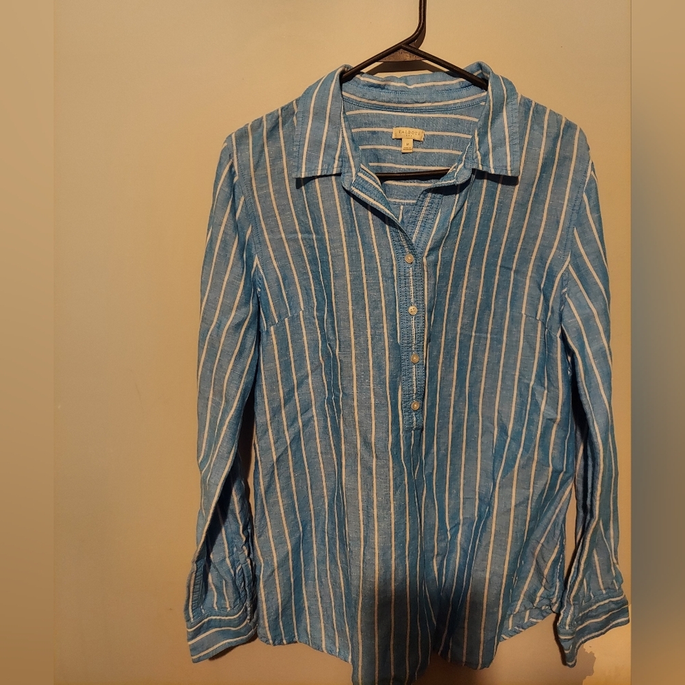 Talbots Linen Blend Popover Top Roll Sleeve Blue White Striped M Beachy Coastal